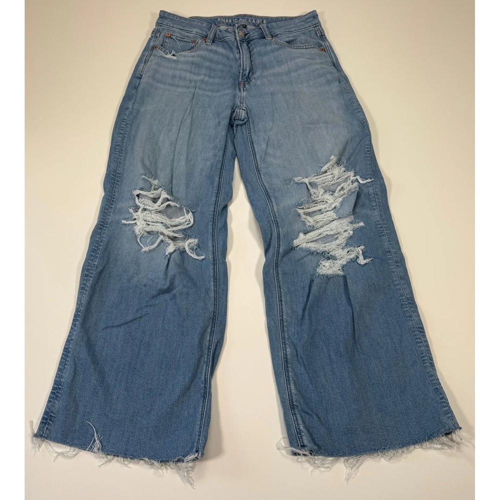 American Eagle Low Rise Baggy Wide Leg Jeans Womens 29x27 Ripped Hem Y2K Skater